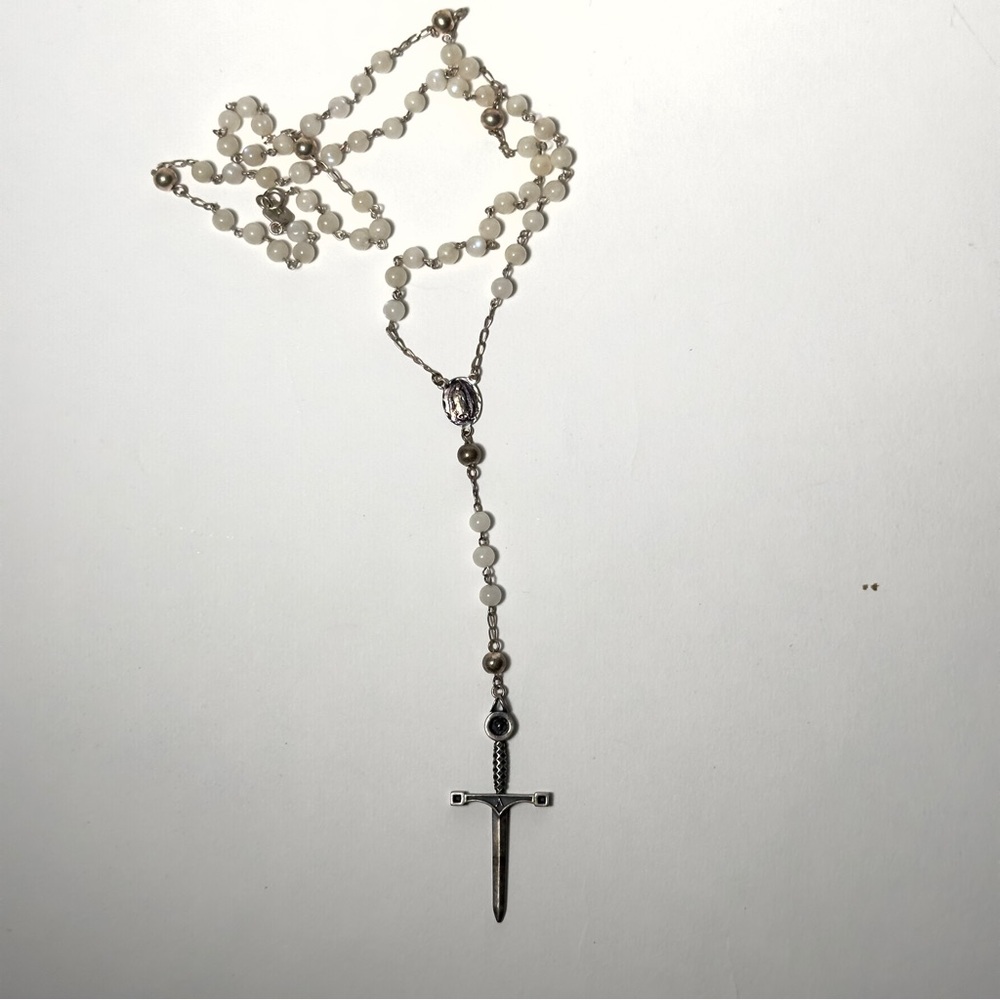 Silver Rosary with a Cross/Sword Pendant Necklace